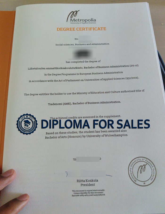 Metropolia University Degree Certificate Metropolia University Degree Certificate