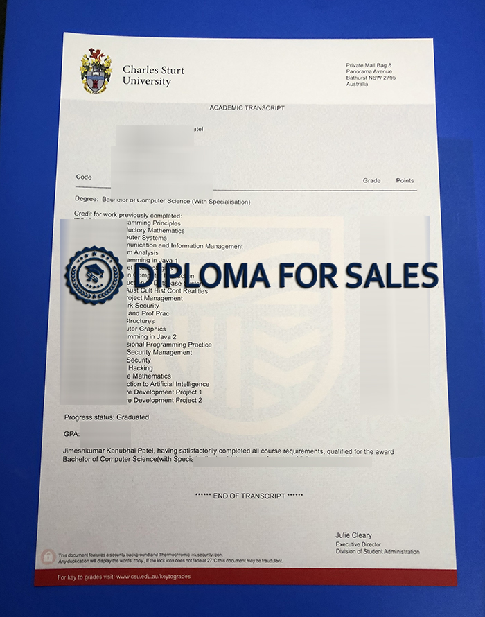 Fake Charles Sturt University Transcript