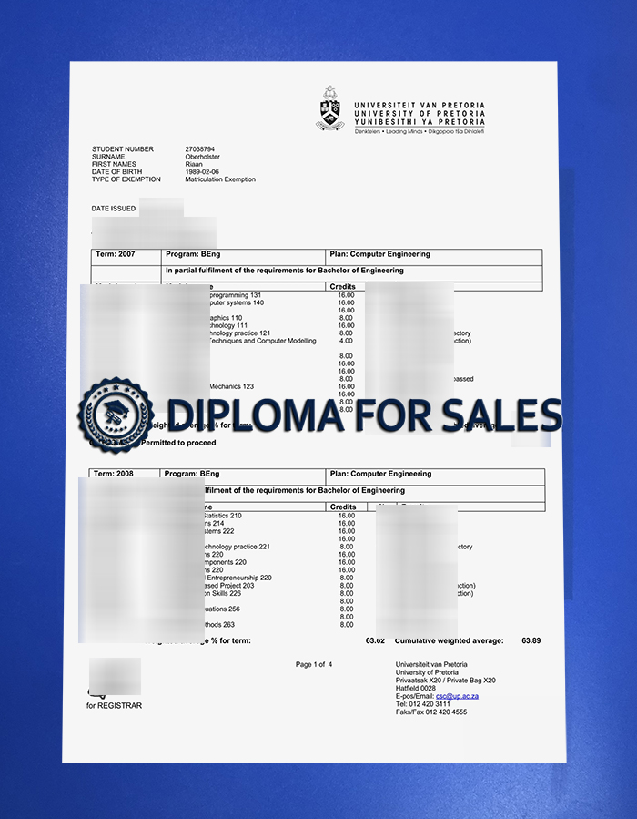 Fake University of Pretoria Transcript